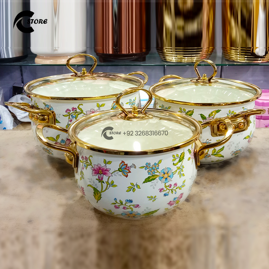 Small Size Fancy Reona Set | With Sizes (20cm, 22cm, 24cm) | 3Pcs Enamel Casserole With Glass Lid | Stainless Steel Serving & Cooking Bowls