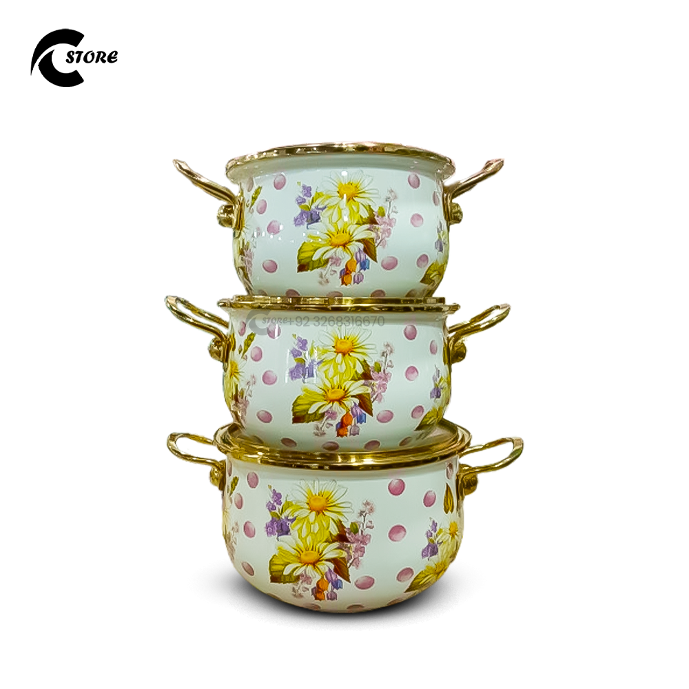 Small Size Fancy Reona Set | With Sizes (20cm, 22cm, 24cm) | 3Pcs Enamel Casserole With Glass Lid | Stainless Steel Serving & Cooking Bowls