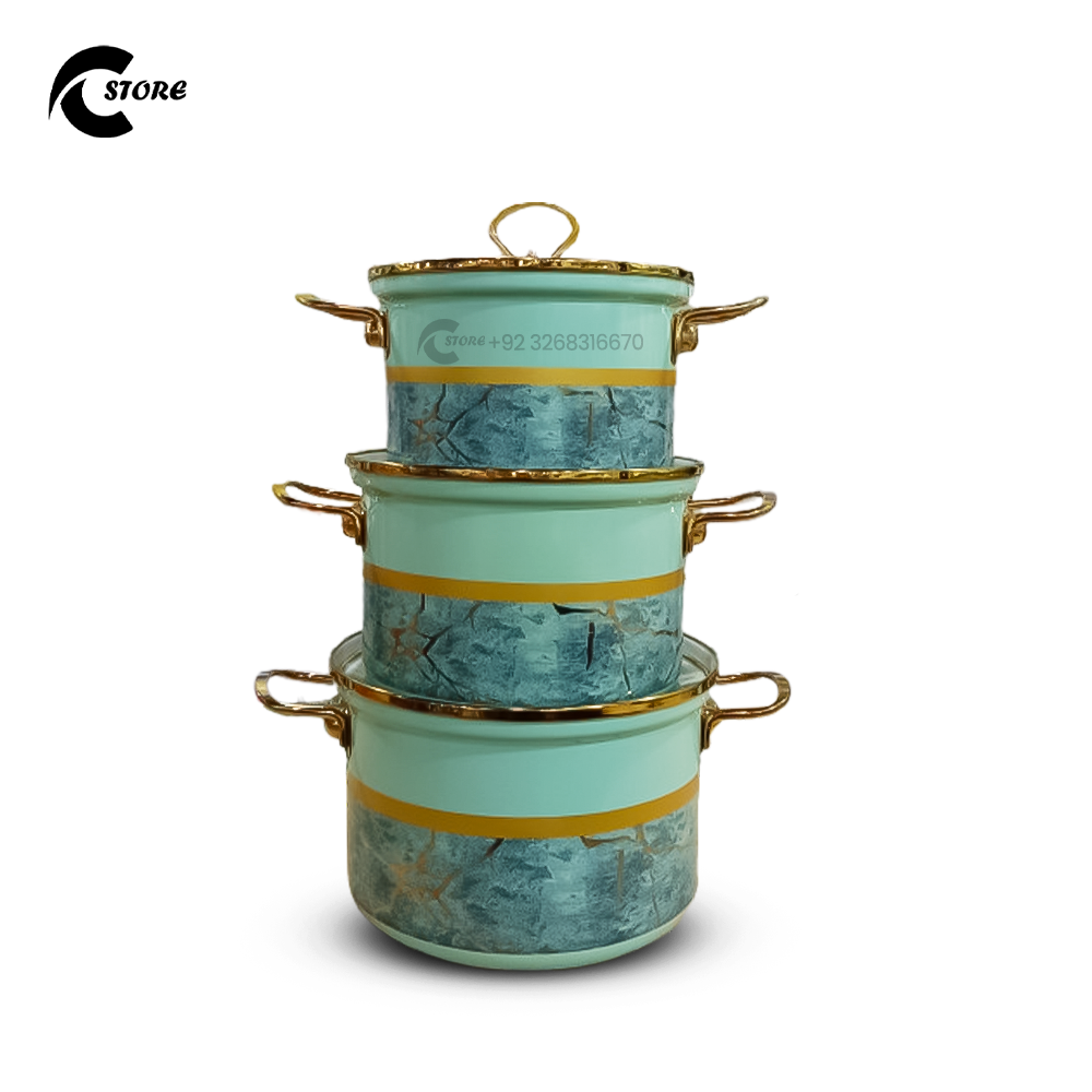 Fancy Reona Set Large | With Sizes (20cm, 22cm, 24cm) | 3Pcs Enamel Casserole With Glass Lid | Stainless Steel Serving & Cooking Bowls