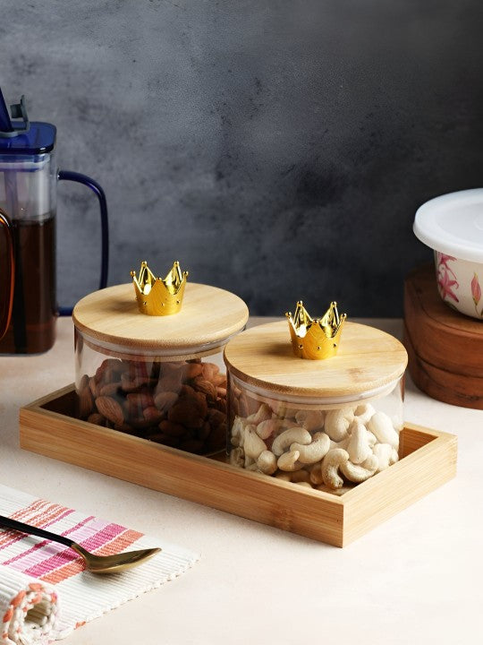 Glass Storage Jar Set with Wooden Airtight Lids & Tray | 2 Pcs Jar + 1 Pc Wooden Tray | Modern Clear Glass Containers for Dry Food, Cookies & Snacks