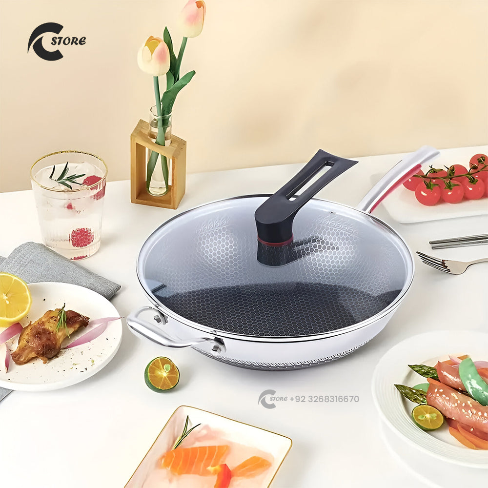 Laser Double Sided Honeycomb Steel Karahi | 32CM Tri-Ply Laser Coated Stainless Steel Cooking Wok | Energy-Saving, Non-Stick & Durable Cookware
