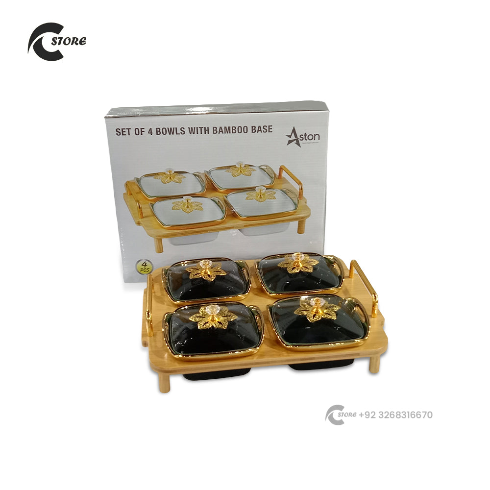 Premium Ceramic Dry Fruit Bowl Set with Glass Lid & Wooden Base | 4 Pc Square Bowl Set for Snacks & Dry Fruits