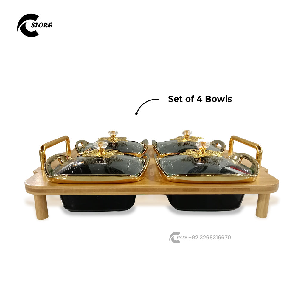 Premium Ceramic Dry Fruit Bowl Set with Glass Lid & Wooden Base | 4 Pc Square Bowl Set for Snacks & Dry Fruits