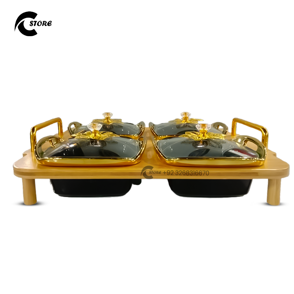 Premium Ceramic Dry Fruit Bowl Set with Glass Lid & Wooden Base | 4 Pc Square Bowl Set for Snacks & Dry Fruits