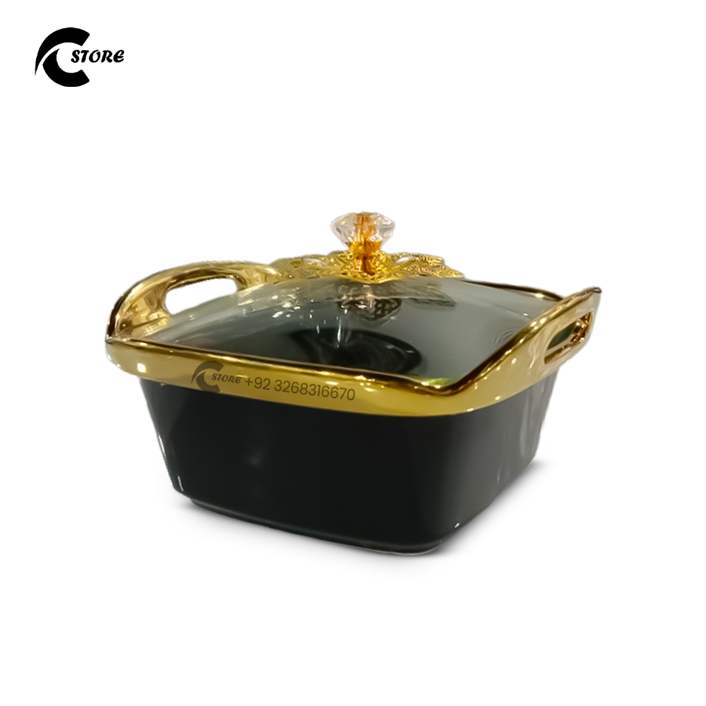 Premium Ceramic Dry Fruit Bowl Set with Glass Lid & Wooden Base | 4 Pc Square Bowl Set for Snacks & Dry Fruits