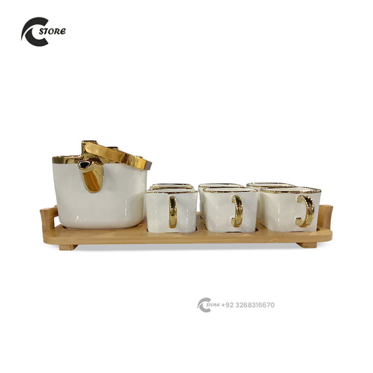 6-Piece Classic Ceramic Tea Set with Teapot, 4 Teacups & Bamboo Tray | Elegant Afternoon Tea Set Gift for Home, Party & Special Occasions