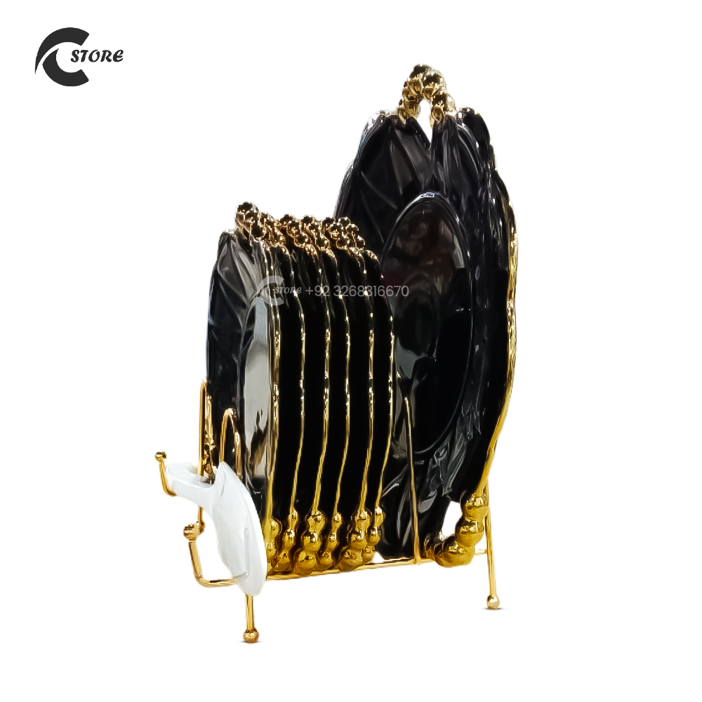 8 Pcs Black Gold Ceramic Cake Serving Plates Set With Elegant Metal Stand | Dessert Display Tray for Parties & Gifting