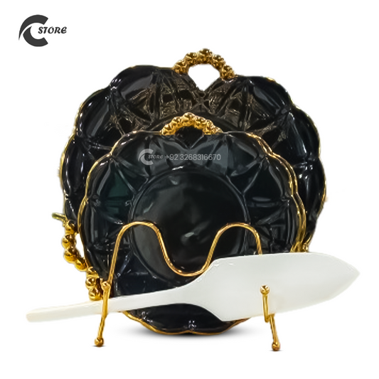 8 Pcs Black Gold Ceramic Cake Serving Plates Set With Elegant Metal Stand | Dessert Display Tray for Parties & Gifting