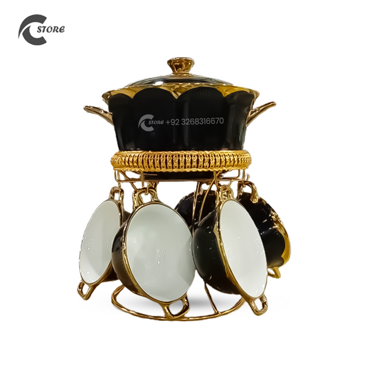 Akura 16-Piece Premium Ceramic Soup Set with Golden Stand | European Style Bowls & Spoons | Elegant Gift Set for Dining & Gifting