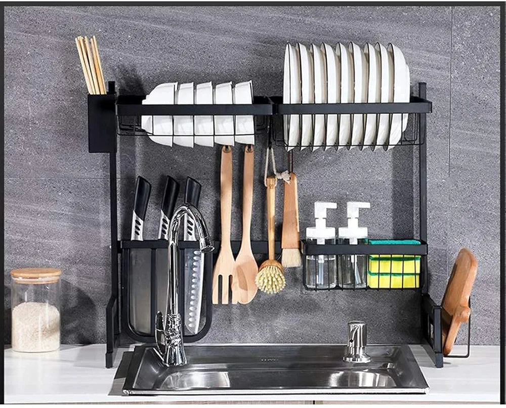 Black Apricot Over the Sink Kitchen Rack | Compact &amp; Space-Saving Carbon Steel Dish Organizer With Utensil Holder &amp; Hooks
