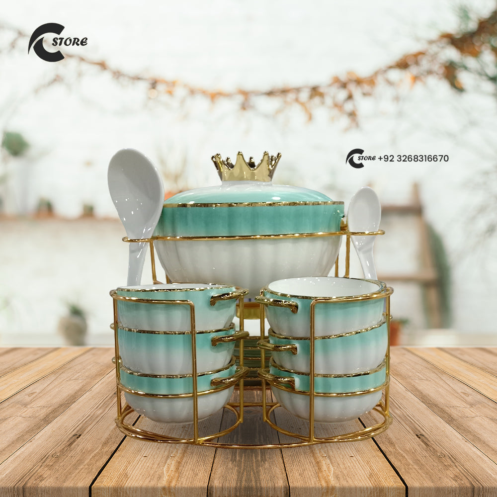 Luxury European Ceramic Soup Set | 20 Piece Set With Golden Stand, Bowls & Spoons | Microwave & Dishwasher Safe