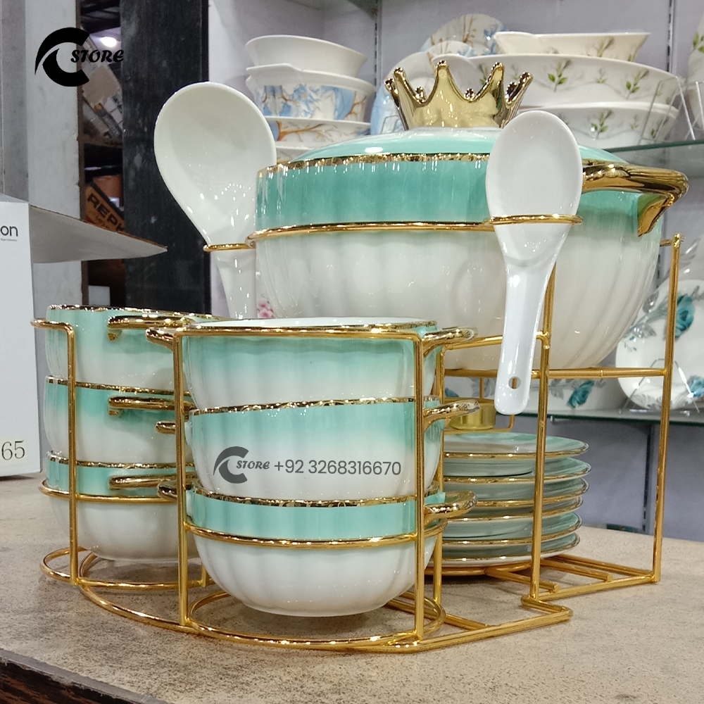 Luxury European Ceramic Soup Set | 20 Piece Set With Golden Stand, Bowls & Spoons | Microwave & Dishwasher Safe