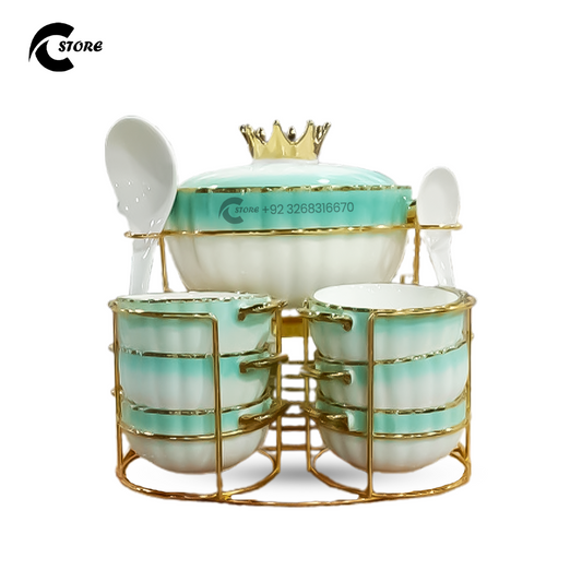Luxury European Ceramic Soup Set | 20 Piece Set With Golden Stand, Bowls & Spoons | Microwave & Dishwasher Safe