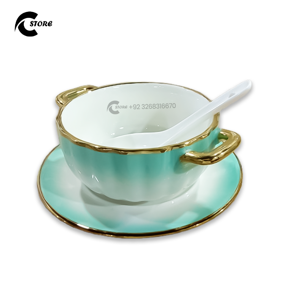 Luxury European Ceramic Soup Set | 20 Piece Set With Golden Stand, Bowls & Spoons | Microwave & Dishwasher Safe