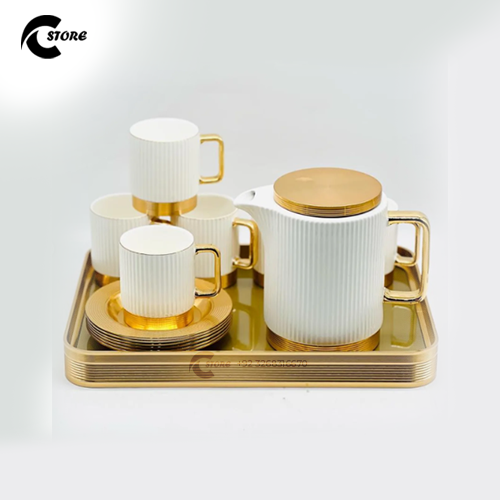 Luxury Ceramic Tea Set With Metal Base | Includes Teapot, 6 Teacups, Saucers & Gold Tray | Elegant Gift Set for Tea & Coffee Lovers