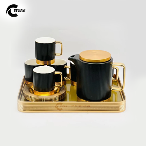 Luxury Ceramic Tea Set With Metal Base | Includes Teapot, 6 Teacups, Saucers & Gold Tray | Elegant Gift Set for Tea & Coffee Lovers
