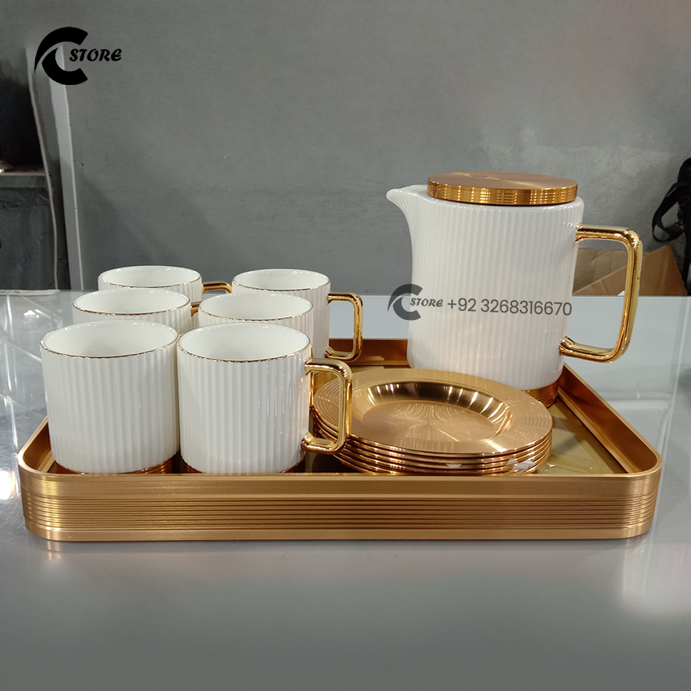 Luxury Ceramic Tea Set With Metal Base | Includes Teapot, 6 Teacups, Saucers & Gold Tray | Elegant Gift Set for Tea & Coffee Lovers