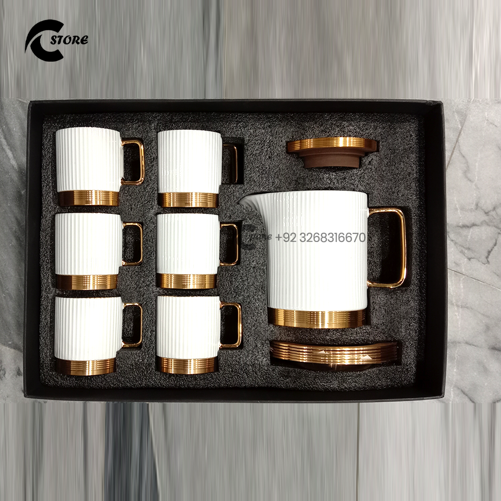 Luxury Ceramic Tea Set With Metal Base | Includes Teapot, 6 Teacups, Saucers & Gold Tray | Elegant Gift Set for Tea & Coffee Lovers