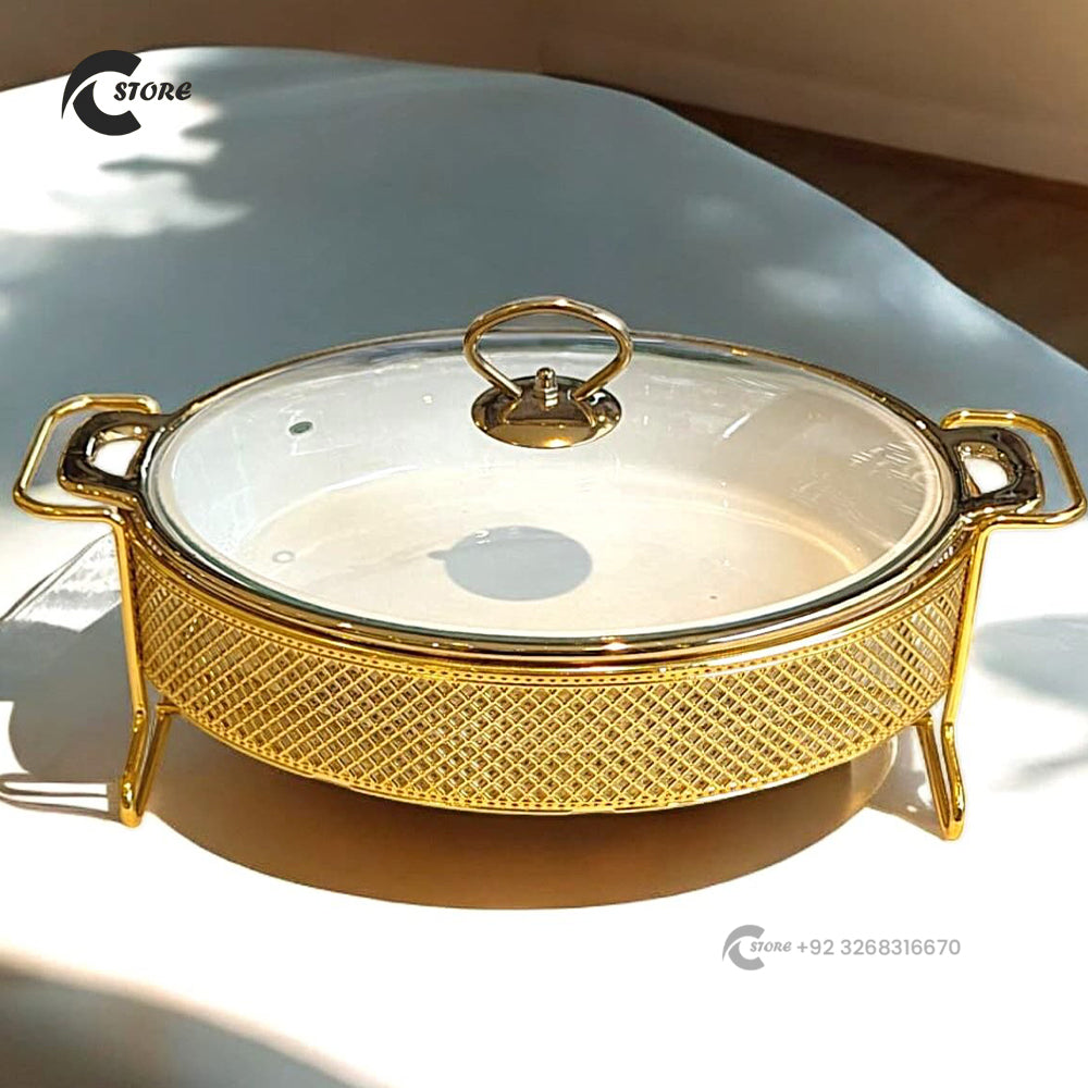 Luxury Gold Ceramic Oval Chafing Dish Buffet Set With Glass Lid & Metal Stand | Eco-Friendly Food Warmer for Weddings & Hotels