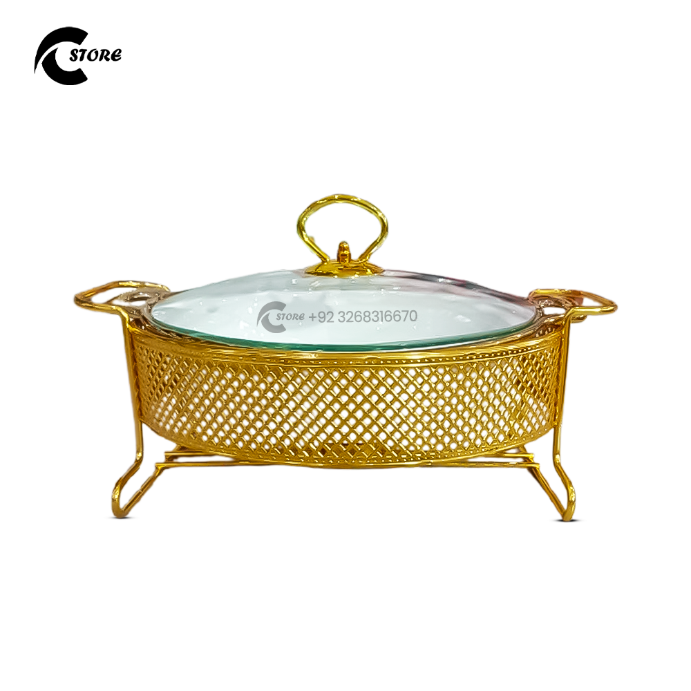 Luxury Gold Ceramic Oval Chafing Dish Buffet Set With Glass Lid & Metal Stand | Eco-Friendly Food Warmer for Weddings & Hotels