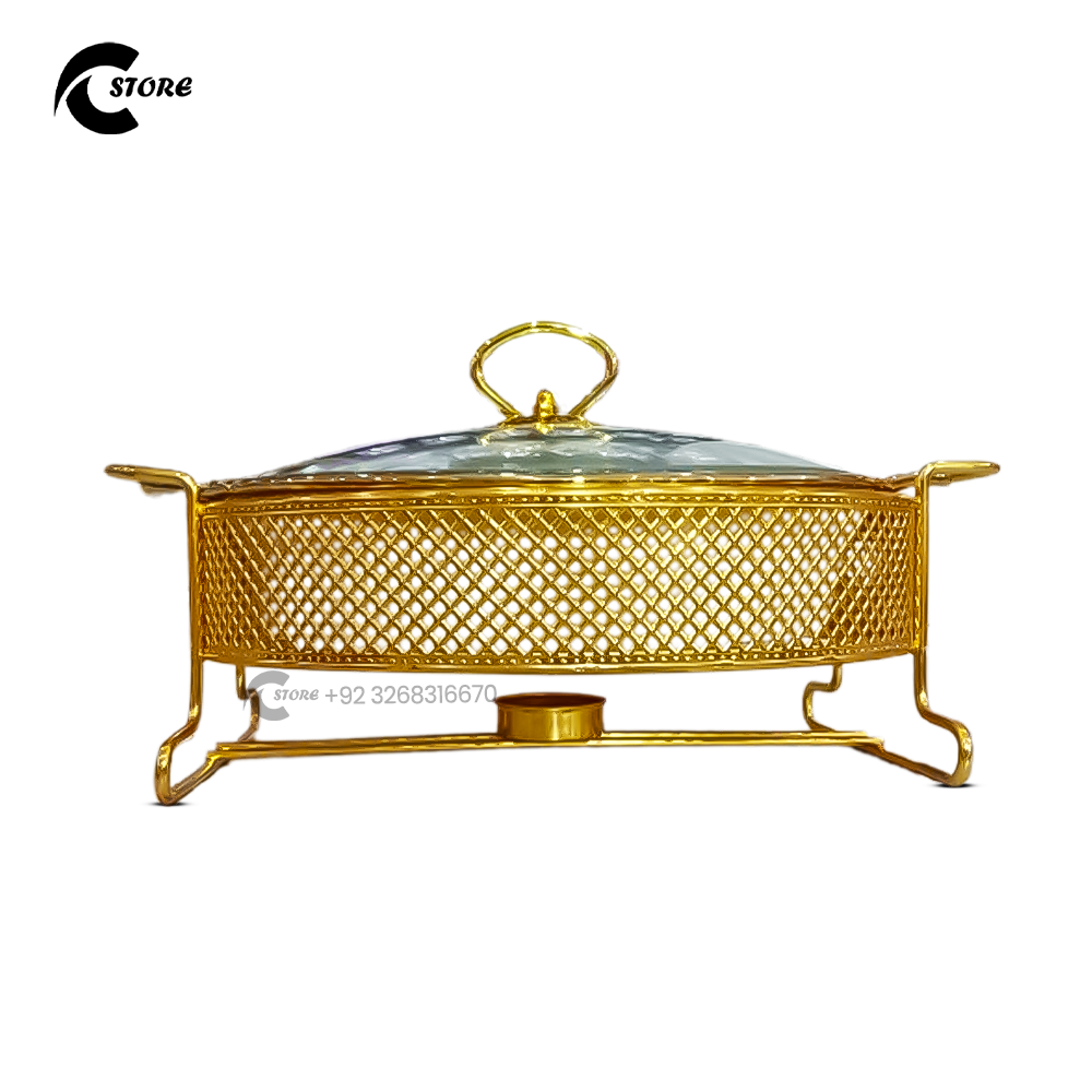 Luxury Gold Ceramic Oval Chafing Dish Buffet Set With Glass Lid & Metal Stand | Eco-Friendly Food Warmer for Weddings & Hotels