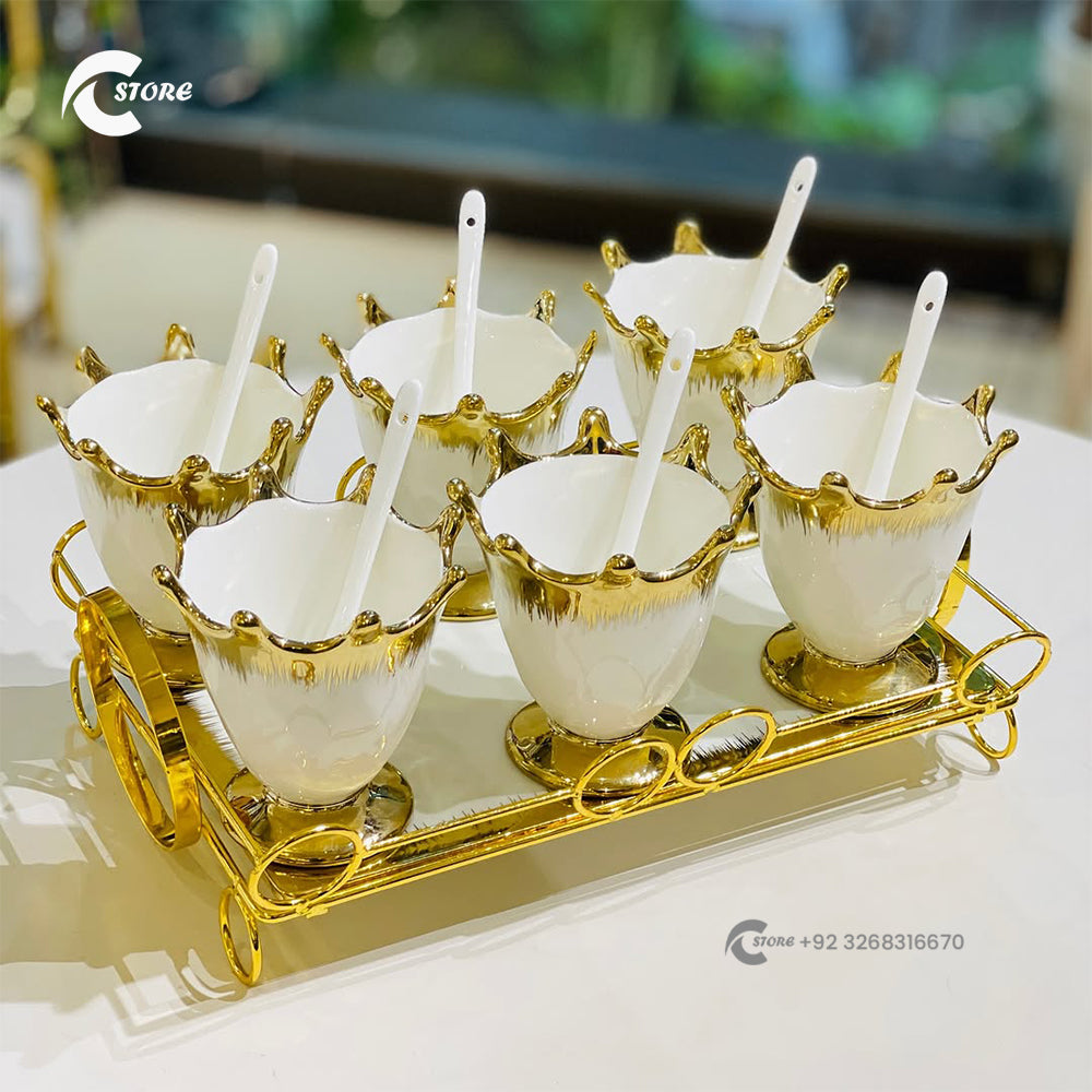 Ceramic Ice Cream Cup Set With Metal Tray Stand | 6 Cone Shaped Cups with Spoons | Elegant Dessert Serving Set for Parties & Home Use