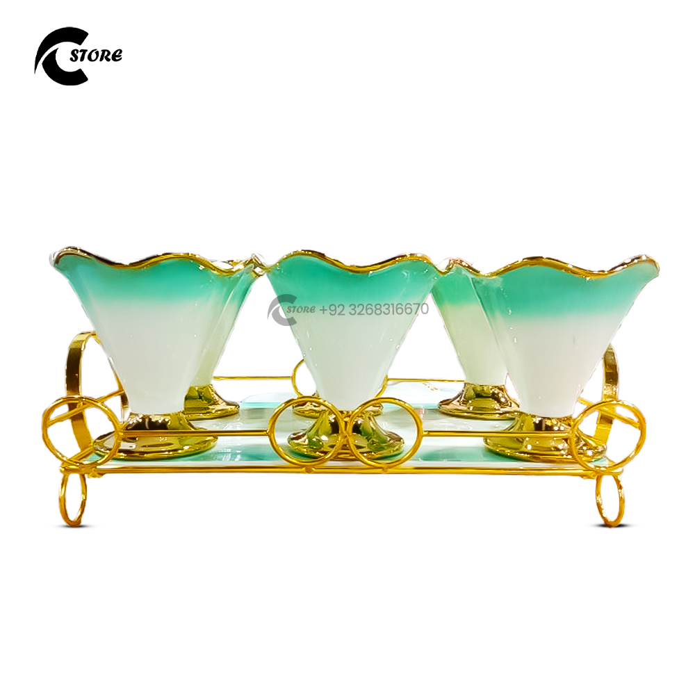 Ceramic Ice Cream Cup Set With Metal Tray Stand | 6 Cone Shaped Cups with Spoons | Elegant Dessert Serving Set for Parties & Home Use