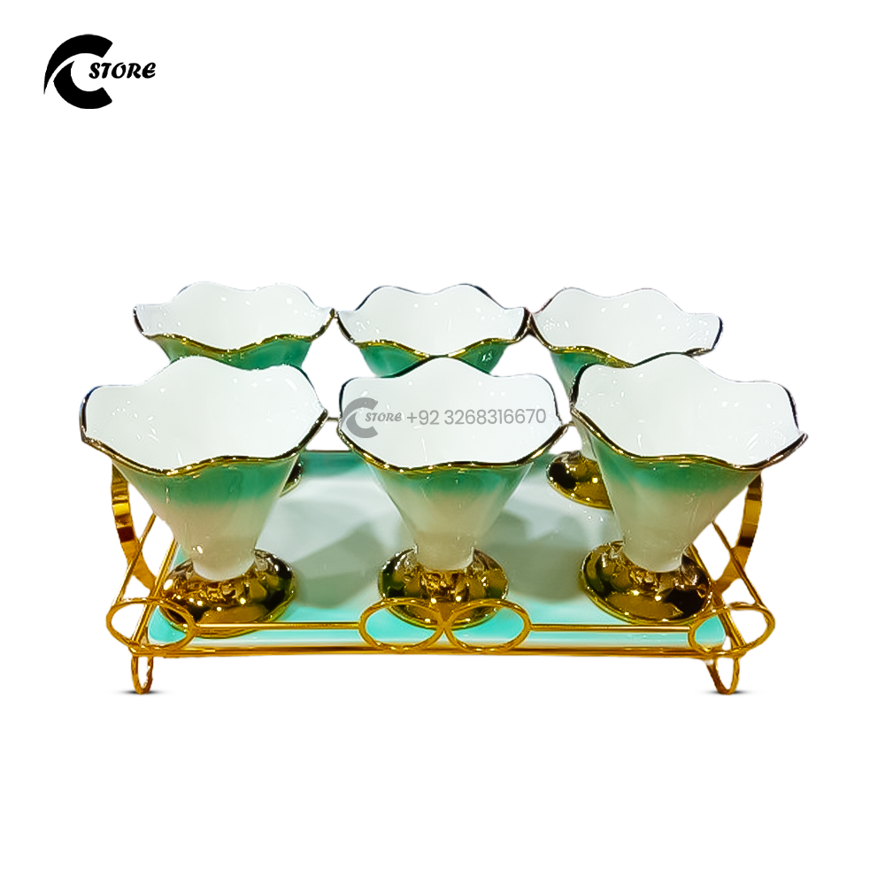 Ceramic Ice Cream Cup Set With Metal Tray Stand | 6 Cone Shaped Cups with Spoons | Elegant Dessert Serving Set for Parties & Home Use