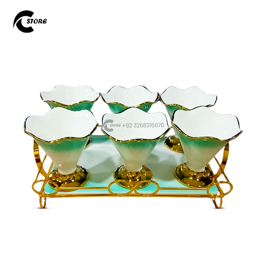 Ceramic Ice Cream Cup Set With Metal Tray Stand | 6 Cone Shaped Cups with Spoons | Elegant Dessert Serving Set for Parties & Home Use
