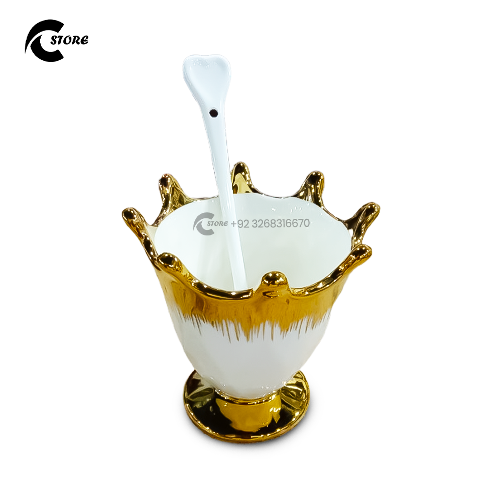 Ceramic Ice Cream Cup Set With Metal Tray Stand | 6 Cone Shaped Cups with Spoons | Elegant Dessert Serving Set for Parties & Home Use