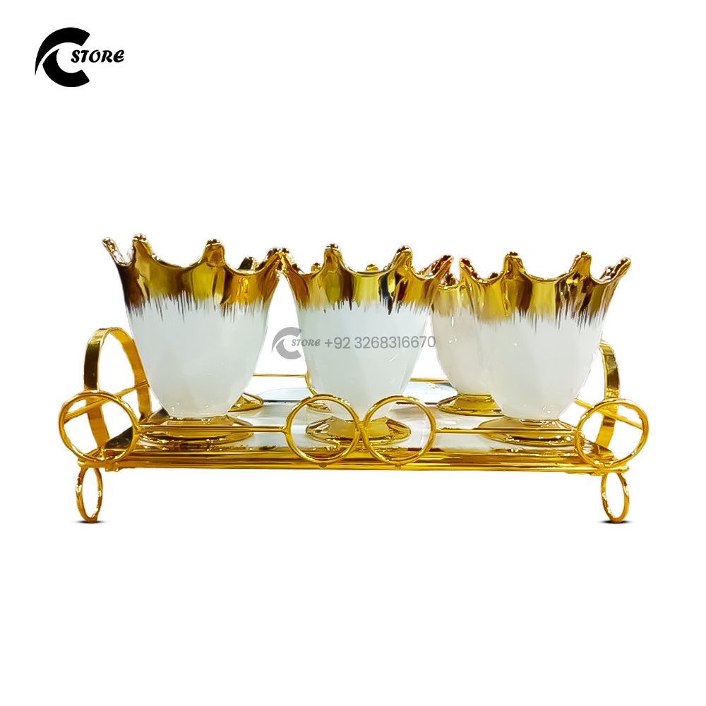 Ceramic Ice Cream Cup Set With Metal Tray Stand | 6 Cone Shaped Cups with Spoons | Elegant Dessert Serving Set for Parties & Home Use