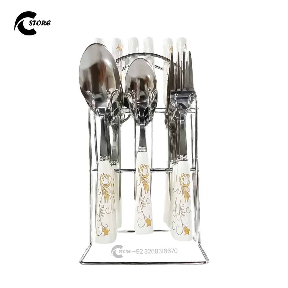 Luxury 24 Pieces Marble Stainless Steel Cutlery Set with Ceramic Handles & Steel Stand | Elegant Flatware for Home, Hotel & Parties