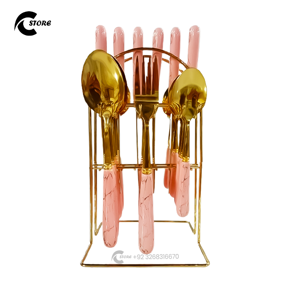 Luxury 24 Pieces Marble Stainless Steel Cutlery Set with Ceramic Handles & Steel Stand | Elegant Flatware for Home, Hotel & Parties