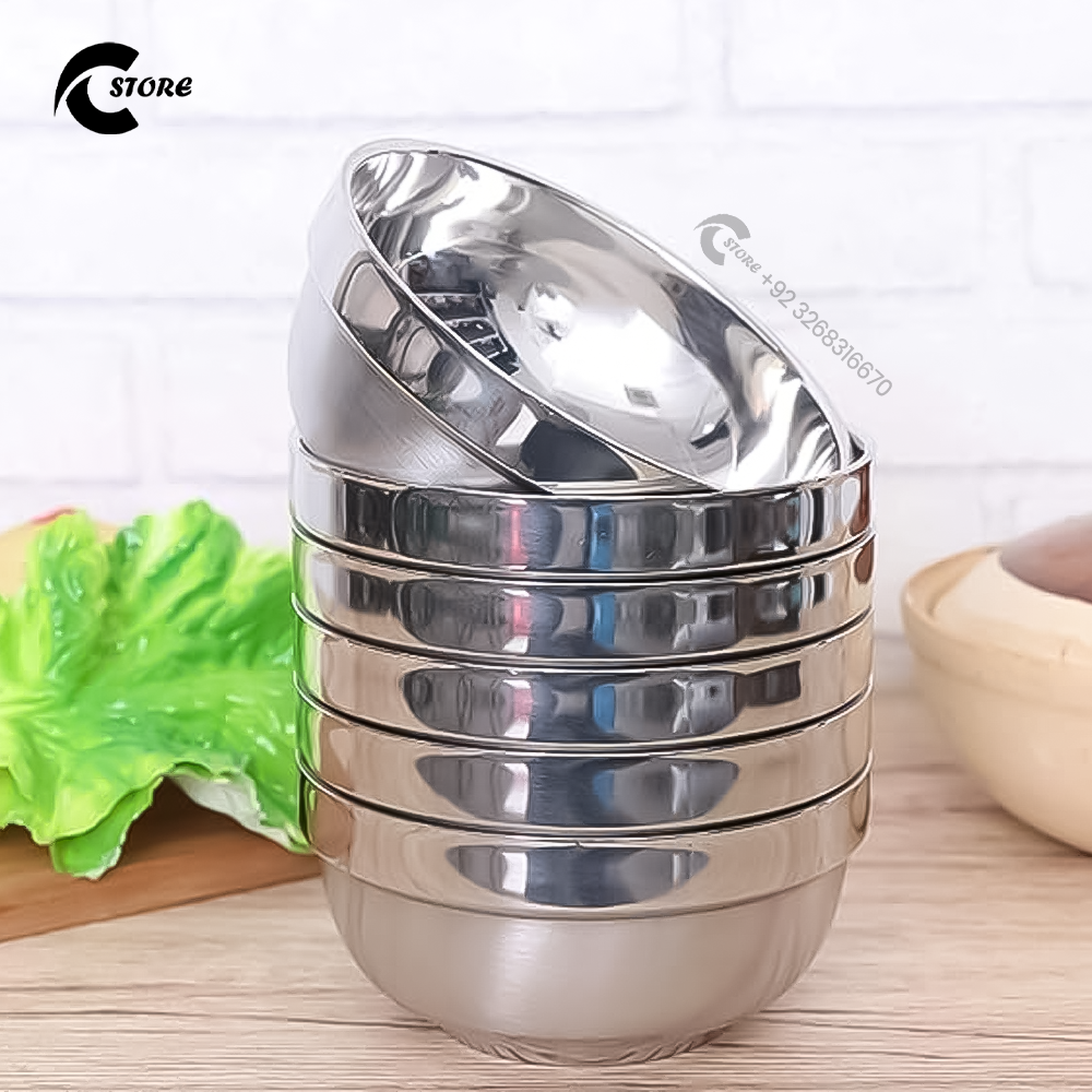 Set of 2 Steel China Medium Stainless Steel Bowl | Double Wall & Dishwasher Safe | Ideal for Rice, Soup, Snacks & Meal Prep