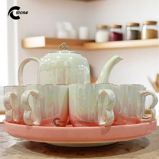 8 Pcs Ceramic Tea & Coffee Set | 6 Cups, 1 Kettle & 1 Round Tray | Elegant Modern Design | Perfect for Gifting & Home Decor