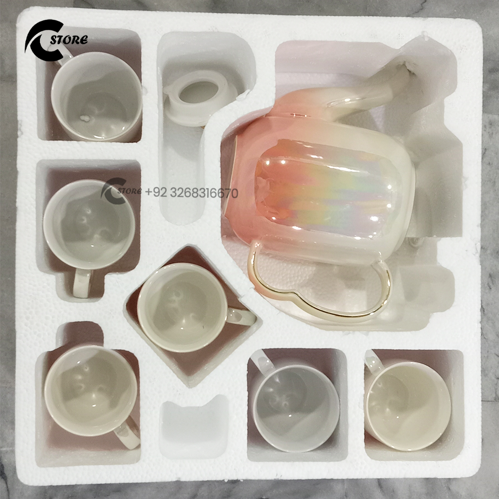 8 Pcs Ceramic Tea & Coffee Set | 6 Cups, 1 Kettle & 1 Round Tray | Elegant Modern Design | Perfect for Gifting & Home Decor