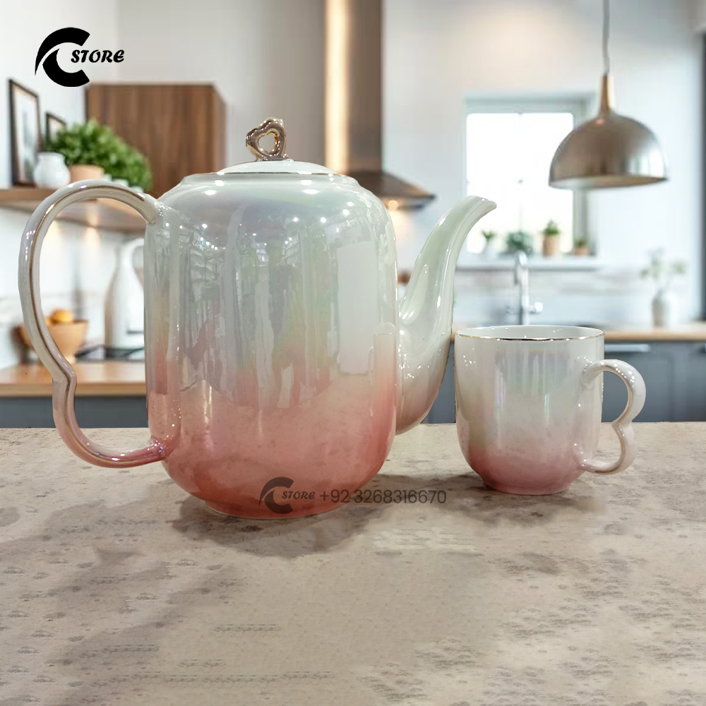 8 Pcs Ceramic Tea & Coffee Set | 6 Cups, 1 Kettle & 1 Round Tray | Elegant Modern Design | Perfect for Gifting & Home Decor