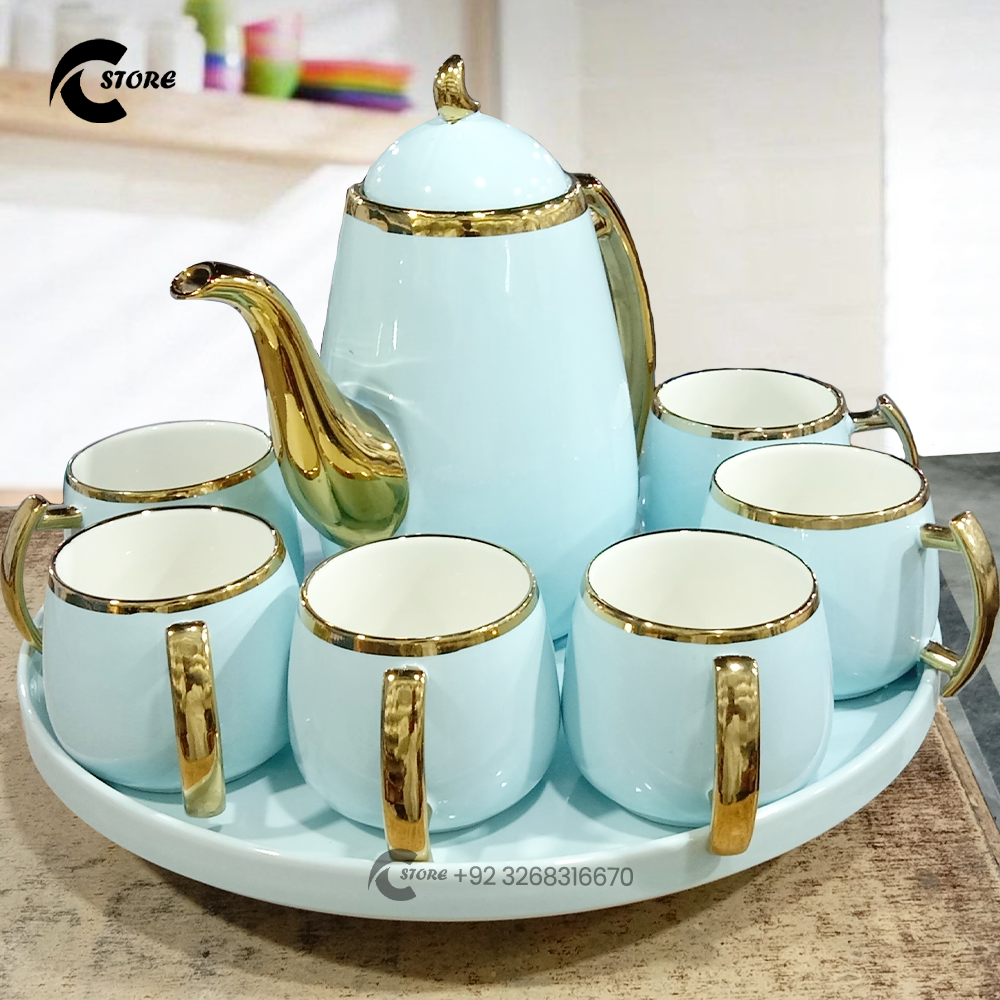 8 Pcs Ceramic Tea & Coffee Set | 6 Cups, 1 Kettle & 1 Round Tray | Elegant Modern Design | Perfect for Gifting & Home Decor