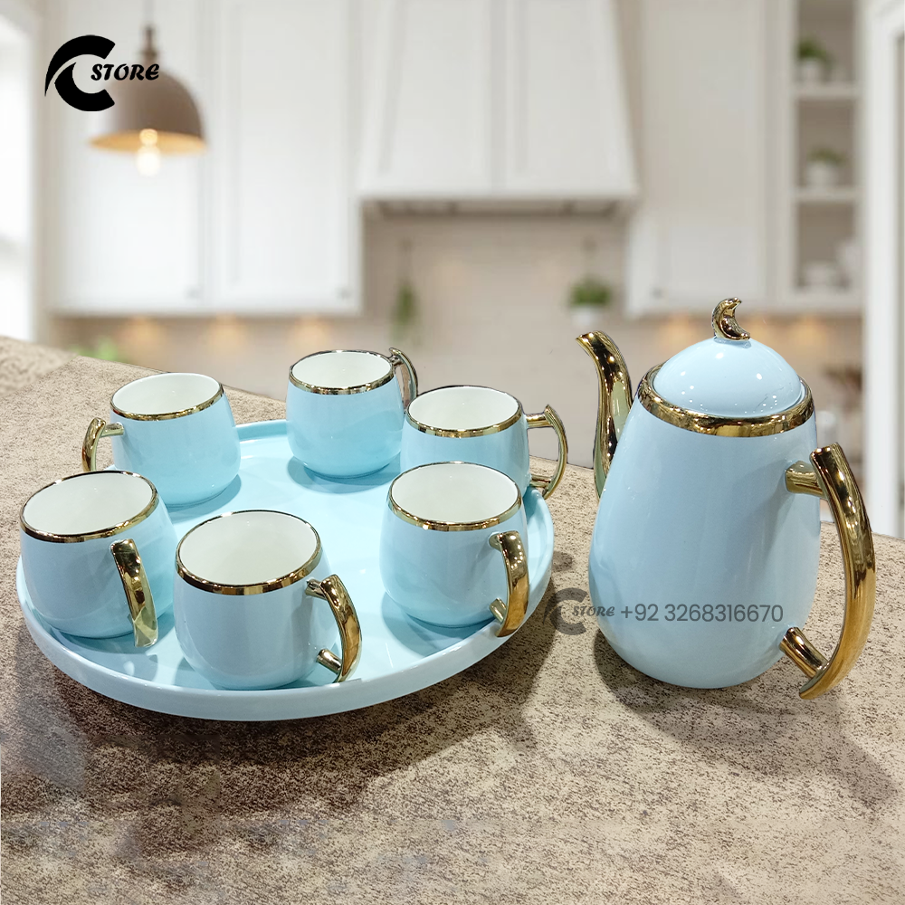 8 Pcs Ceramic Tea & Coffee Set | 6 Cups, 1 Kettle & 1 Round Tray | Elegant Modern Design | Perfect for Gifting & Home Decor