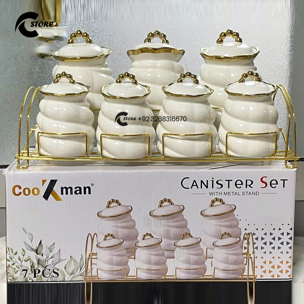 Premium 7 Pcs Airtight Kitchen Canister Set | Ceramic Storage Jars With Metal Stand | Ideal for Spices, Tea, Coffee, Sugar & Dry Foods