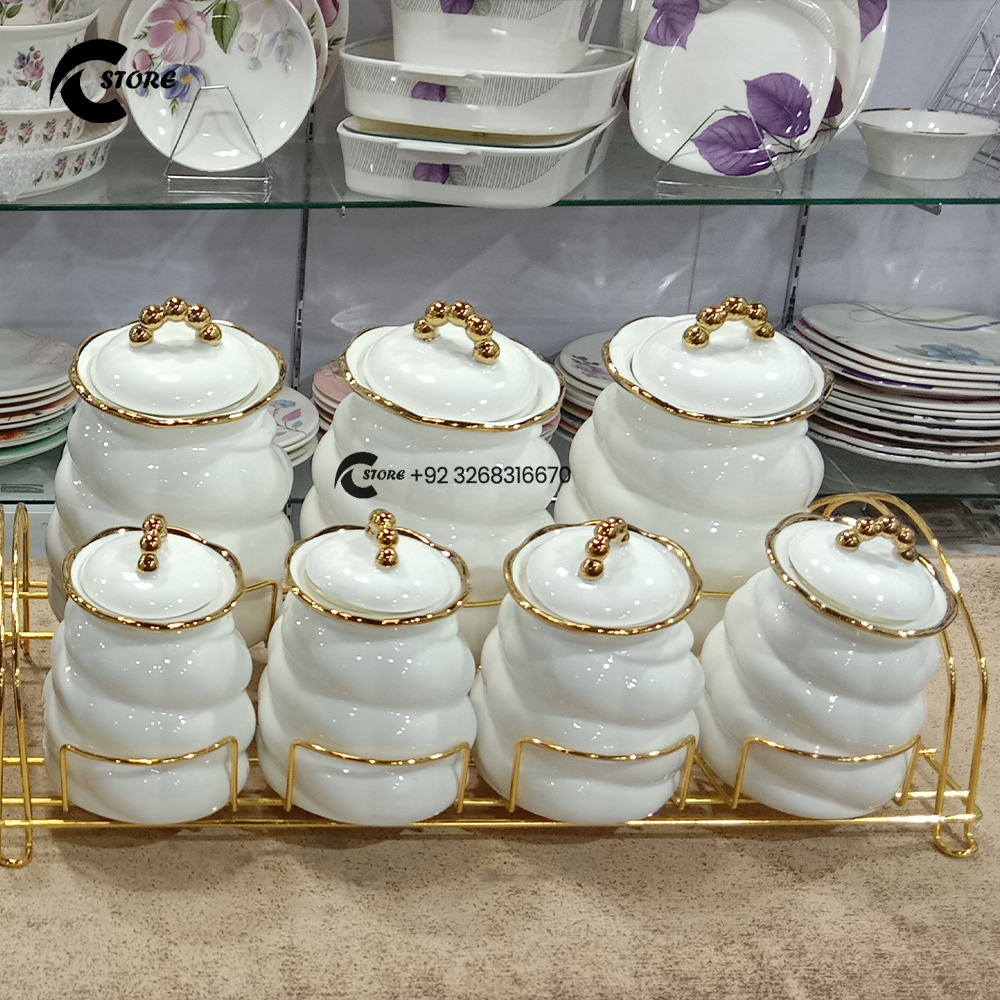 Premium 7 Pcs Airtight Kitchen Canister Set | Ceramic Storage Jars With Metal Stand | Ideal for Spices, Tea, Coffee, Sugar & Dry Foods