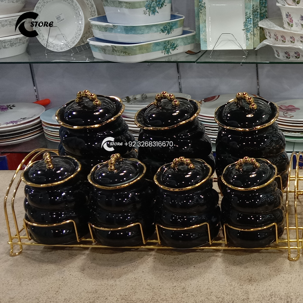 Premium 7 Pcs Airtight Kitchen Canister Set | Ceramic Storage Jars With Metal Stand | Ideal for Spices, Tea, Coffee, Sugar & Dry Foods