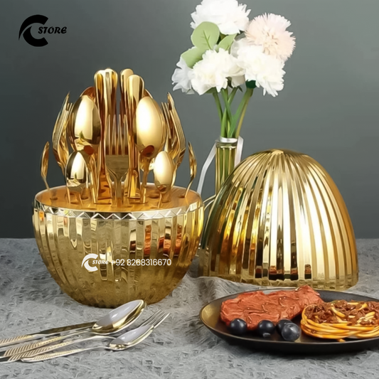 Egg Cutlery Set 24Pcs | Premium Stainless Steel Flatware with Oval Stand | Elegant Golden Egg-Shaped Holder