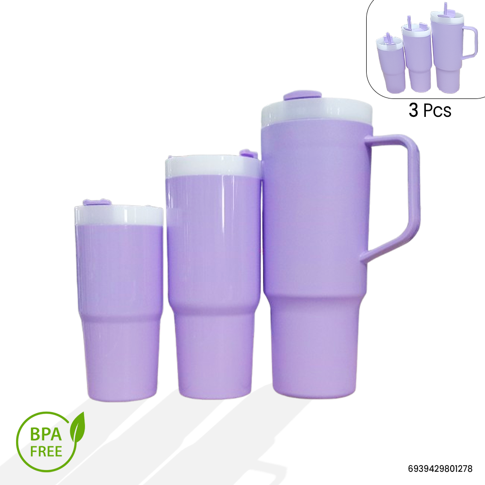 3 Pcs Tumbler Set With Straw | Premium BPA Free Plastic Tumblers | Ideal for Home, Office, Gym and Picnics