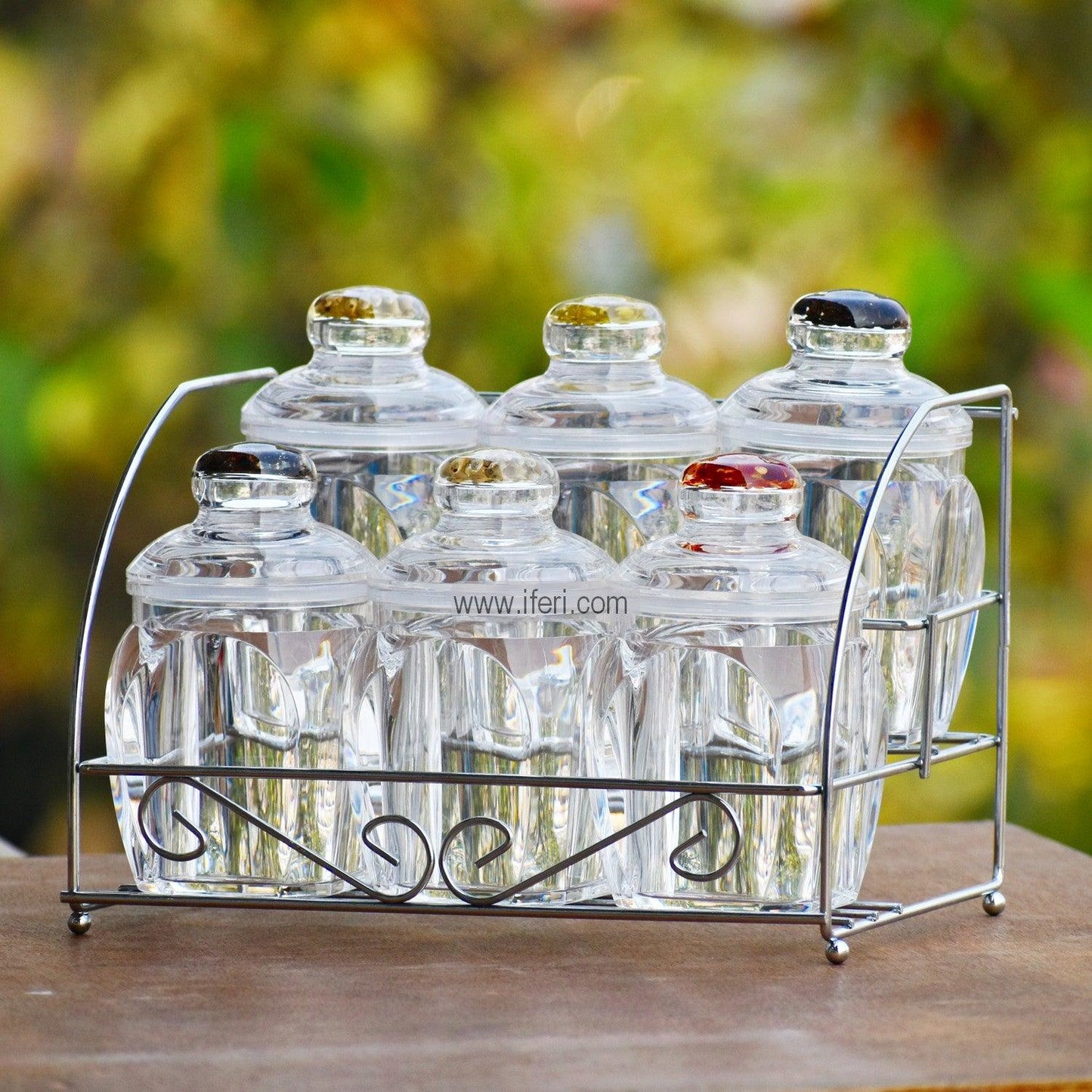6-Piece Acrylic Spice Jar Set | Salt &amp; Pepper Shakers With Stainless Steel Tray Holder | Masala Rack