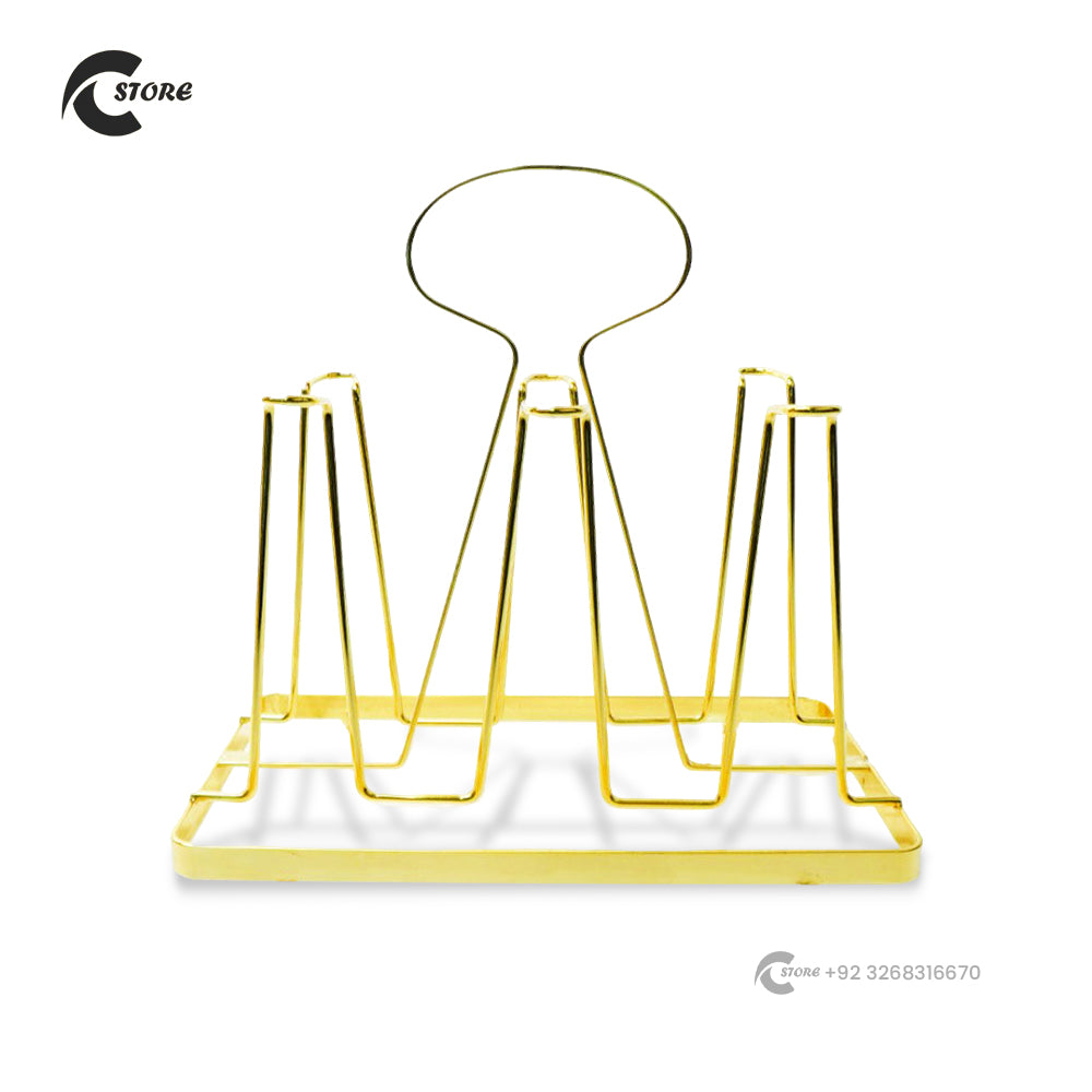 Modern Glass Holder With Tray | 6 Hook Cup Drying Rack | Gold-Coated Minimalist Mug Stand for Kitchen Countertop