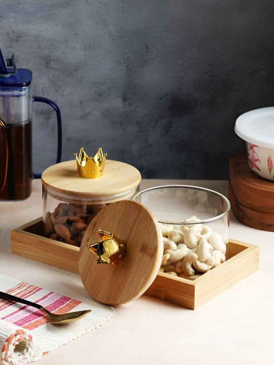 Glass Storage Jar Set with Wooden Airtight Lids & Tray | 2 Pcs Jar + 1 Pc Wooden Tray | Modern Clear Glass Containers for Dry Food, Cookies & Snacks