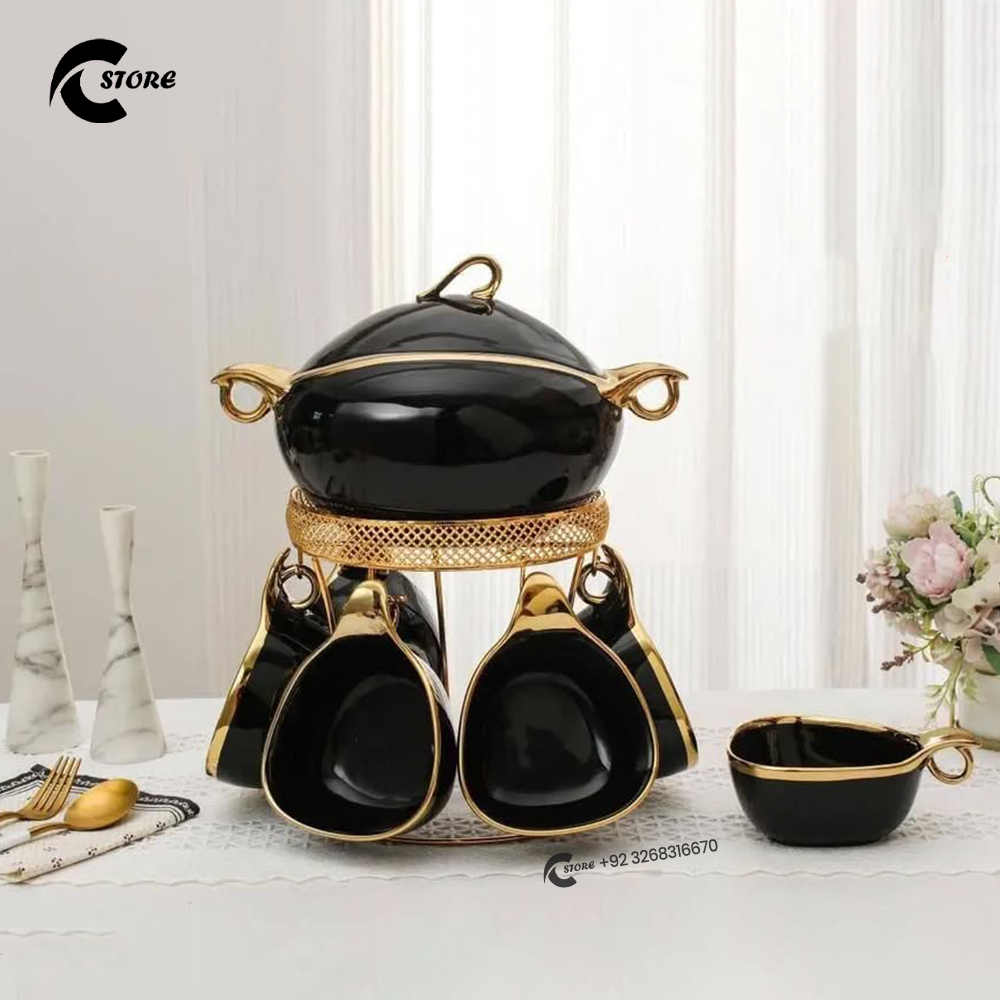 Luxury 16 Pieces European Ceramic Soup Set | High Quality Soup Set With Spoons &amp; Golden Stand | Set of 6 Bowls