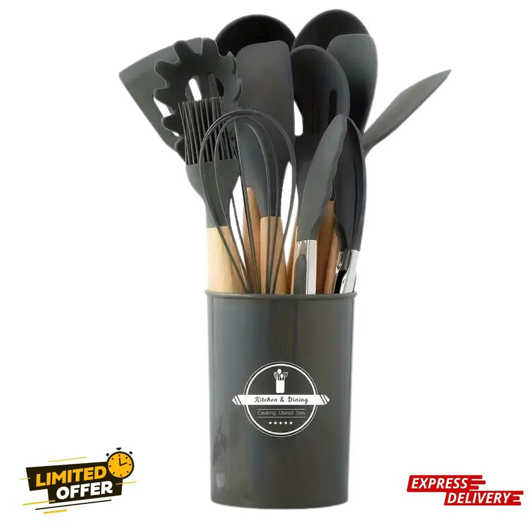 12-Piece Silicone Kitchen Utensil Set | Heat-Resistant, Non-Scratch &amp; BPA-Free with Wooden Handle