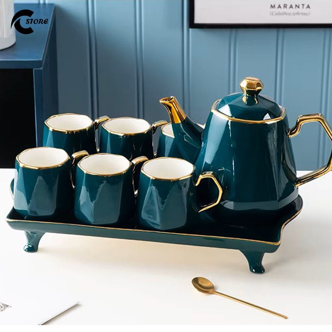 British Style Luxury Porcelain Green Coffee Set | Mansori Tea Set with Teapot &amp; Serving Tray